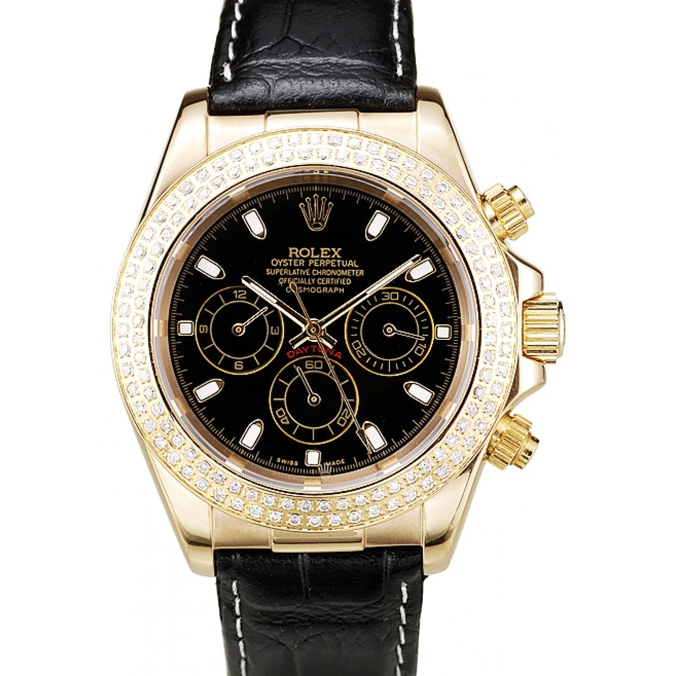 Aaa replica watch Case Daytona Crystal Studded Dial Black Bezel Rolex Gold 1014